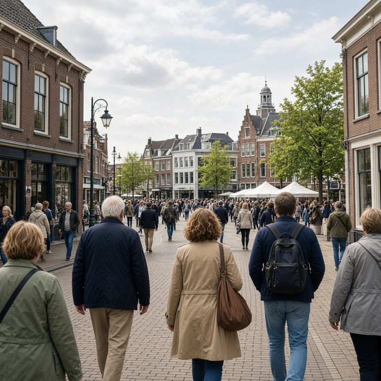 Bezoekers wandelen door het centrum van Apeldoorn richting een lokaal evenement op het Marktplein