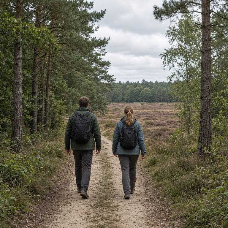 Wandelaars op een Veluws pad bij Apeldoorn met bos, heide en open ruimte