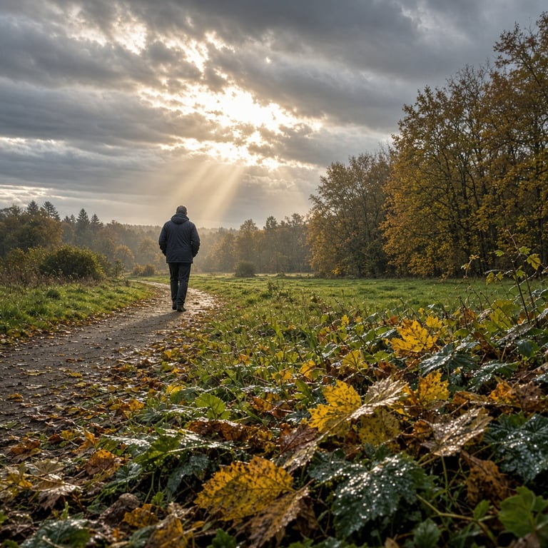 Wisselend herfstweer boven een groen fietspad in Apeldoorn met zon tussen de wolken